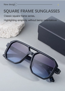 Detailansicht der quadratischen Doppelsteg-Sonnenbrille mit blauem Verlauf und Etui