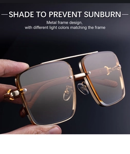 Detail view of square metal sunglasses with vintage wood grain temples and double bridge