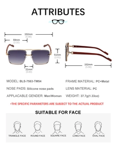 Detailed size specifications for square sunglasses featuring wood grain temples and PC lenses