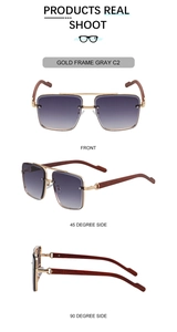 Detailed views of gold square sunglasses with gradient lenses and wood texture temples