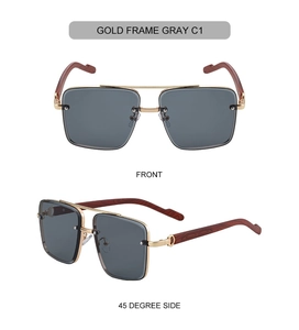 Detailed view of square gold frame sunglasses with retro faux wood grain temples and double bridge