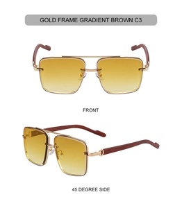 Close-up of square metal frame sunglasses with double bridge and wood texture temples