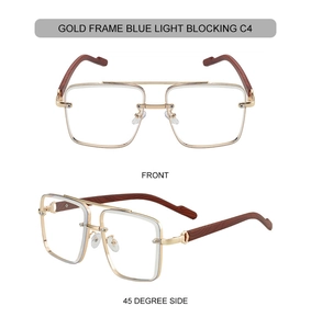 Close-up of gold square glasses with wood grain temples and blue light blocking lens