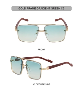 Detail view of square gold frame sunglasses with gradient green lenses and wood grain temples