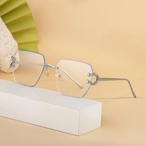 Fashionable rimless square oversized sunglasses with C-shaped rhinestone metal hinges