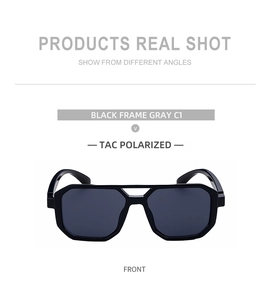 Nahaufnahme der schwarzen quadratischen Sonnenbrille mit grauen TAC-polarisierten Gläsern