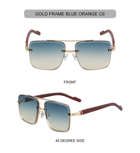 Front and side view of gold square sunglasses with blue-orange gradient lenses and wood grain legs