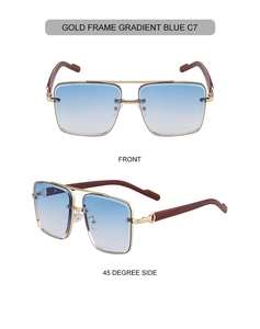 Detail view of gold square sunglasses with blue gradient lenses and wood grain temples