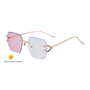 Fashion rimless photochromic sunglasses with rose gold metal temples and gradient lenses