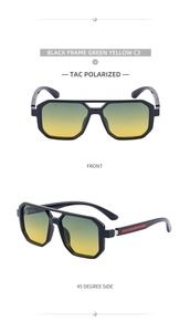 Detailansicht der quadratischen Polarisationsbrille mit gelb-grünen Gläsern und roten Bügeln