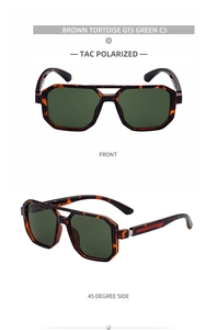 Vorder- und Seitenansicht der eckigen polarisierten Sonnenbrille in Schildpatt mit G15 Gläsern
