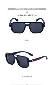 Vorder- und Seitenansicht der matten blauen Quadrat-Sonnenbrille mit grauen Gläsern