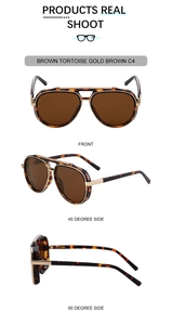 Detailed views of aviator sunglasses with tortoise frames and brown lenses from three angles