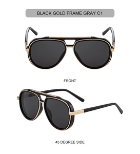 Front and 45-degree side views of black gold pilot sunglasses with grey tinted lenses
