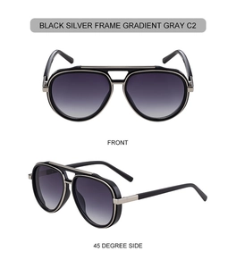 Front and side views of pilot sunglasses with black-silver frame and gradient grey lenses