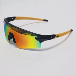 Detail of sports cycling sunglasses with rainbow lens and black yellow frame ventilation