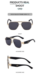 Detailansichten der quadratischen Fliegerbrille mit gold-schwarzem Rahmen und grauen Gläsern