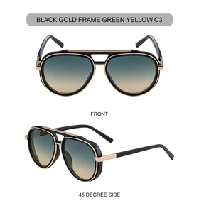 Front and 45-degree side views of pilot sunglasses with black gold frames and gradient lenses