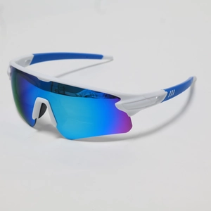 Detail of white sport cycling sunglasses with blue rubber tips and iridescent lenses