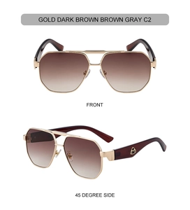 Detail der quadratischen Gold-Metallrahmen-Sonnenbrille mit M-Logo und Verlaufsgläsern