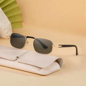 Vintage gold metal square frame sunglasses with dark lenses and cream leather case