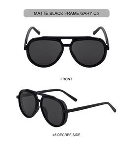 Detail view of matte black aviator sunglasses with grey lenses and double bridge design