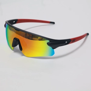 Detail of outdoor sports sunglasses with matte black frame and red vented temples