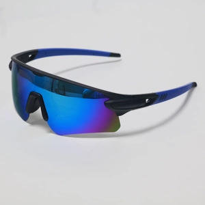 Side view of sports cycling sunglasses with blue-purple gradient mirrored lenses