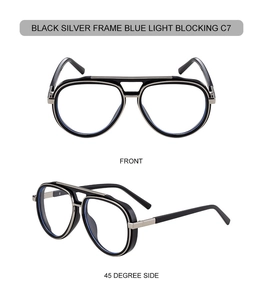 Detailed front and side views of black and silver pilot glasses with blue light lenses