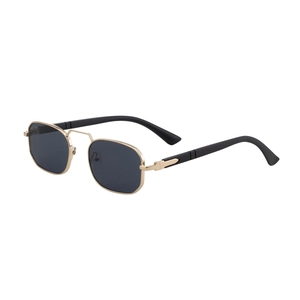 Retro square metal sunglasses with gold frame and dark lenses shown in 45-degree angle
