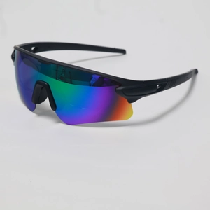 Detail view of colorful polarized large lens with black matte frame for sports sunglasses