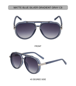 Detail view of matte blue and silver aviator sunglasses with gradient gray lenses
