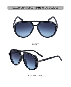 Detail of pilot sunglasses with gunmetal frame and gray blue gradient lenses