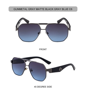 Detailansicht der gunmetal-grauen quadratischen Sonnenbrille mit Verlaufsgläsern