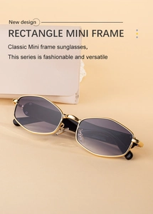 Detailed view of rectangle mini sunglasses with golden frame and gradient lenses