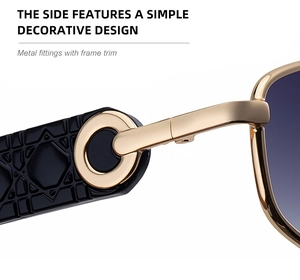 Detail view of black polygon sunglasses temple featuring 3D quilted texture and gold metal ring