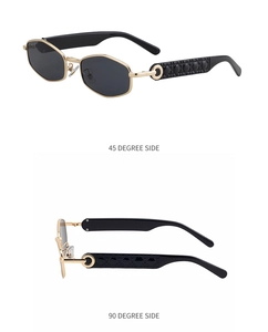 Detail of geometric sunglasses with gold metal frame and quilted lattice pattern temples