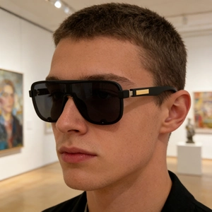 Detail view of square black polarized sunglasses with gold metal trim on model