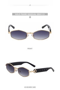 Detailed views of gold polygon sunglasses with gradual gray lenses and textured temples