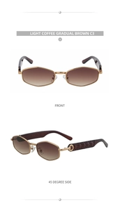 Detail view of gold geometric sunglasses featuring Cannage pattern and light brown lenses