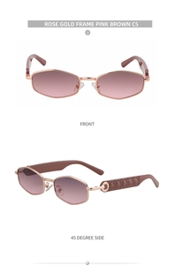 Macro view of rose gold polygonal sunglasses featuring pink brown gradient lenses