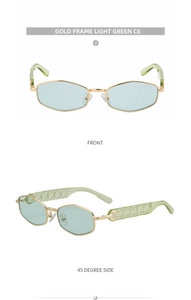 Detail of gold polygonal sunglasses with light green lenses and textured temples