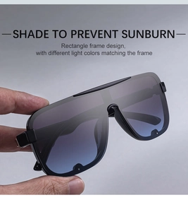 Detail of square polarized sunglasses with black frame and purple gradient lenses