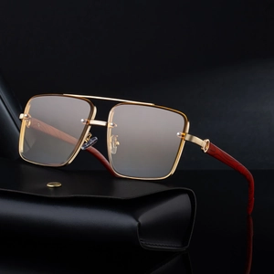 Retro Square Sunglasses Metal Double Bridge Wood Grain Textured Temples UV400 Protection Fashion Eyewear Men Women