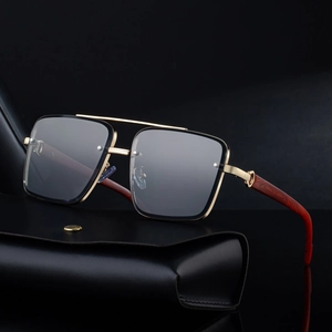 Square gold metal sunglasses with wood grain temples and grey gradient lenses