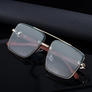 Retro square oversized sunglasses with gold metal bridge and dark red wood grain temples