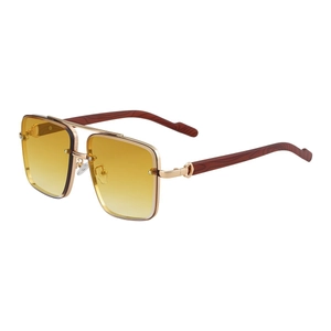 Square frame sunglasses with gold metal rims, wood grain temples, and yellow gradient lenses
