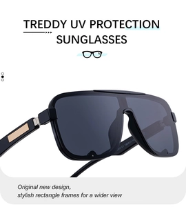 Detail of square polarized sunglasses featuring gold metal accents on sleek black frames