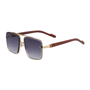 Square double bridge sunglasses with golden metal frame and faux wood grain temples