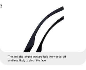 Detail of glossy black anti-slip temples with ergonomic streamlined curve for sunglasses
